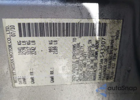 2010 Nissan Altima 2.5 S z USA, uszkodzony, nr VIN 1N4AL2AP3AN543307